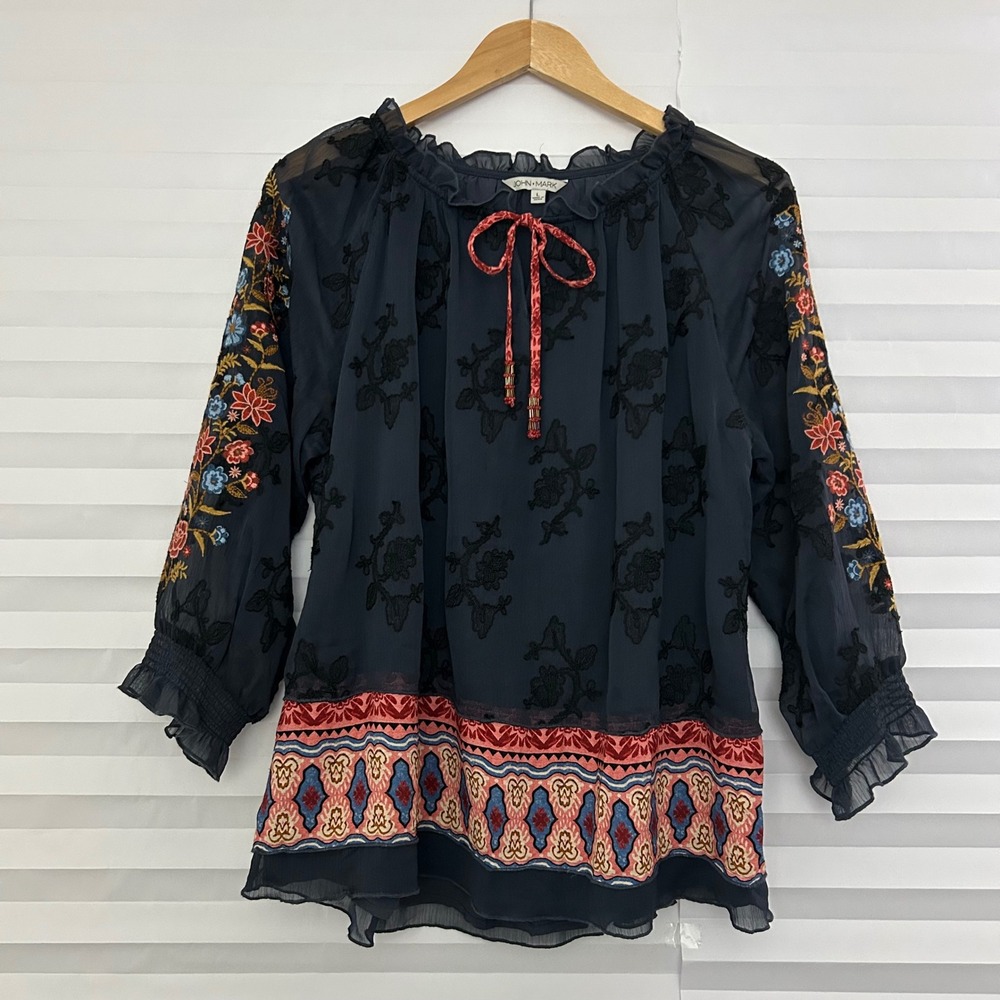 John Mark Womens Gray Floral Embroidered Peasant Blouse Tassel Tie Top Large